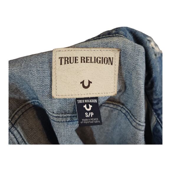 True Religion Gigi Destroyed Medium Wash Rigid Denim Trucker Jacket Women's S - Picture 8 of 8